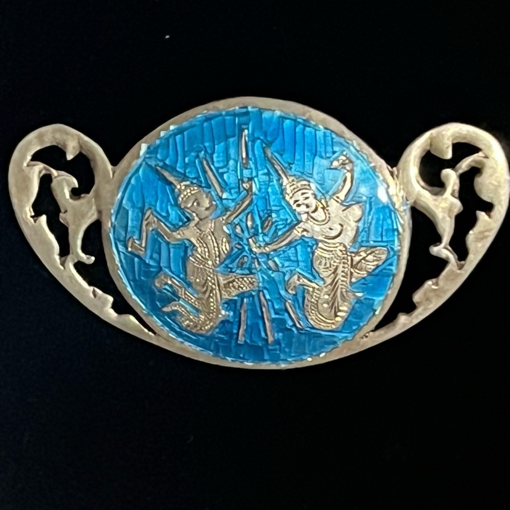 Vintage Siam Sterling Silver Brooch Blue Enamel